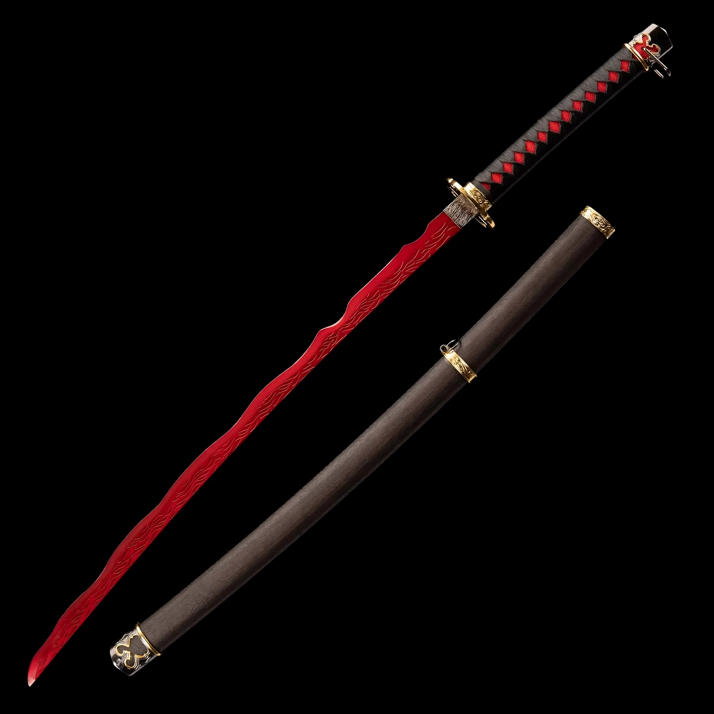 Gold tsuba and red blade tip, detailed sword close-up.