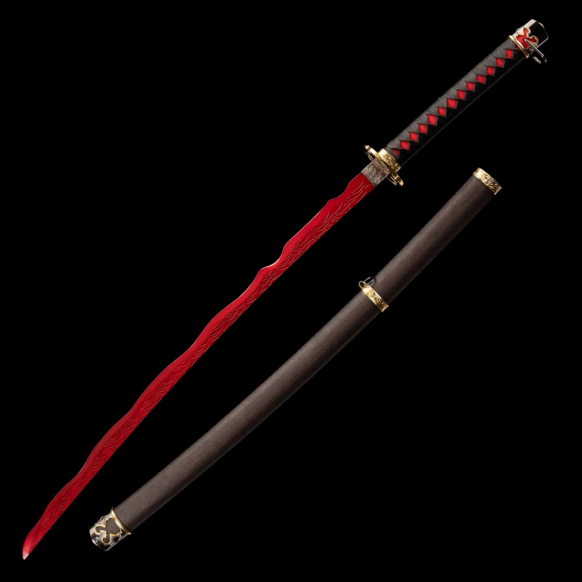 Gold tsuba and red blade tip, detailed sword close-up.