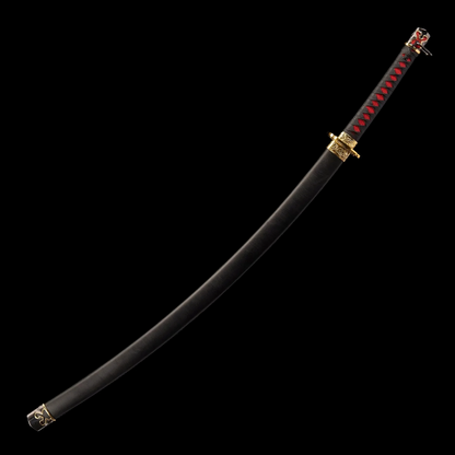 Full-length katana with black saya displayed vertically.