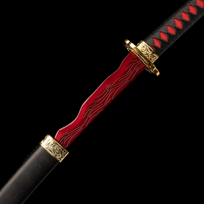 Close-up view of the tsuka and red blade section of the Rivers of Blood katana.