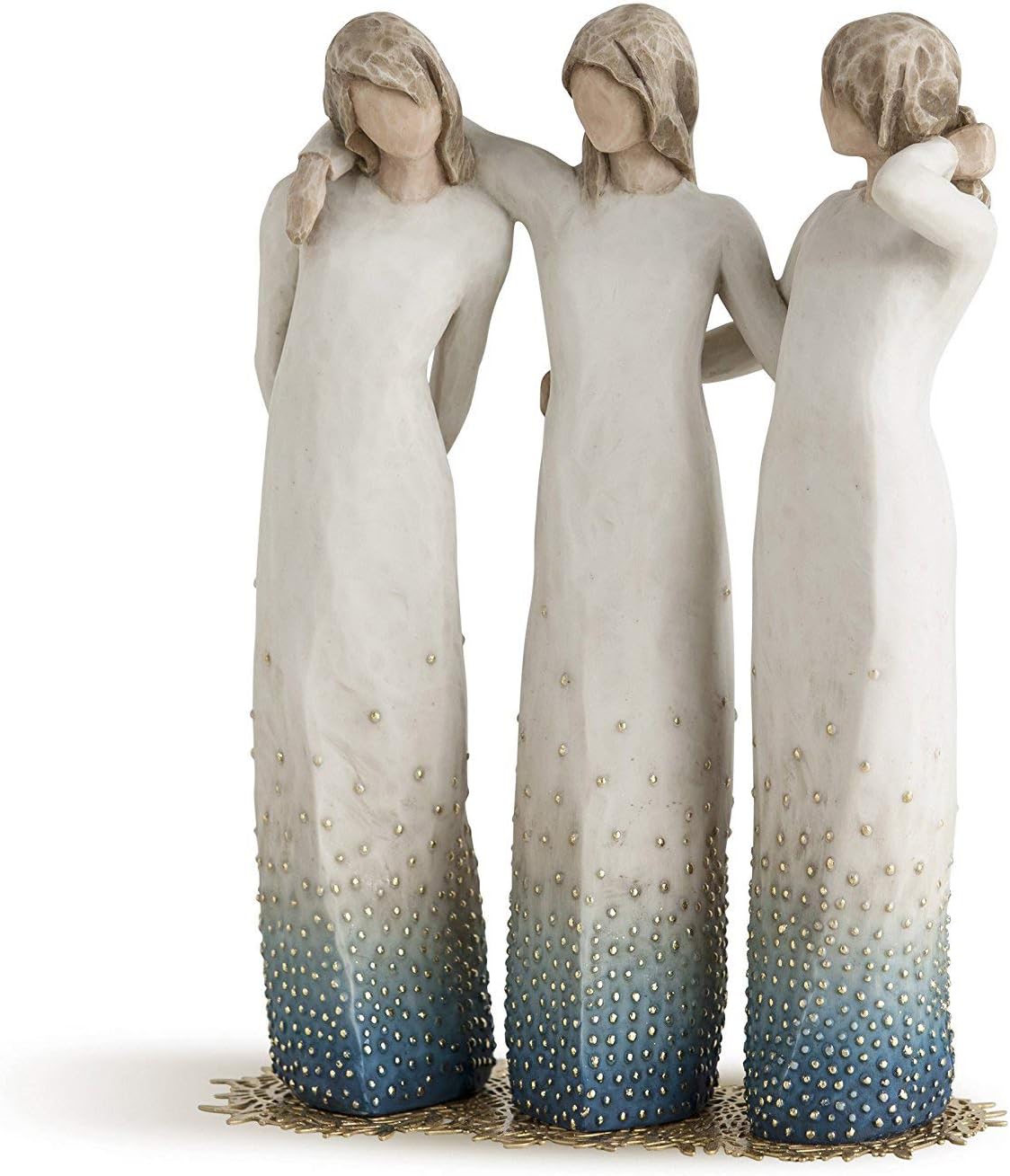 Three statues of women in long dresses with a gradient color effect on a white background