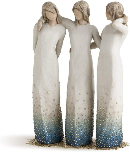 Three statues of women in long dresses with a gradient color effect on a white background